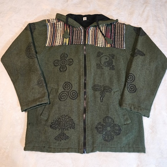 Handmade Jackets & Blazers - Nepal Handmade Olive Green Bohemian-Style Hoodie Unisex Size Small/Medium
